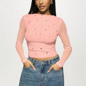Missguided Missguided Plus Crystal Embellished Meshed Party Top Long Sleeve