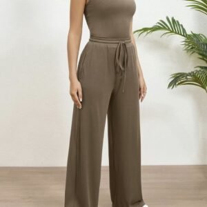 Flirla Black U-Neck Bodysuit And Low-Waist Drawstring