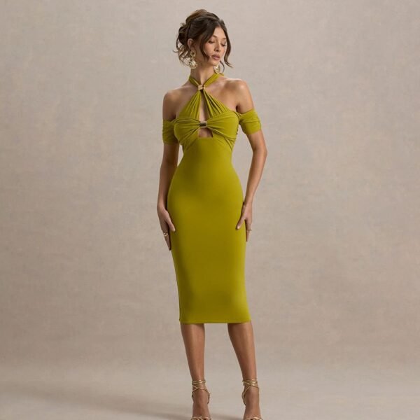 Selvina Green Cut-Out Halter-Neck Midi Dress