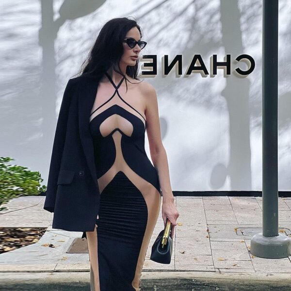 Black Beige Mesh Halter Wired Fitted Sexy Maxi Party Dress - Image 2