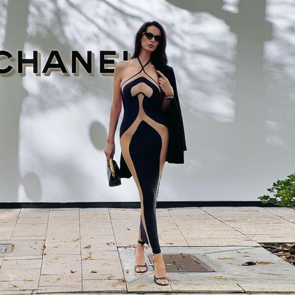 Black Beige Mesh Halter Wired Fitted Sexy Maxi Party Dress