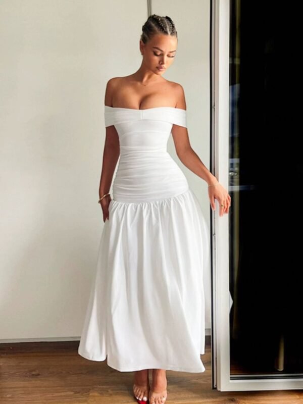 Women's Elegant Shoulder Pleated Maxi Dress Sleeveless