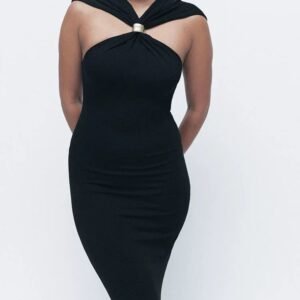 Halterneck Knit Dress With Gold Appliqué Black/White