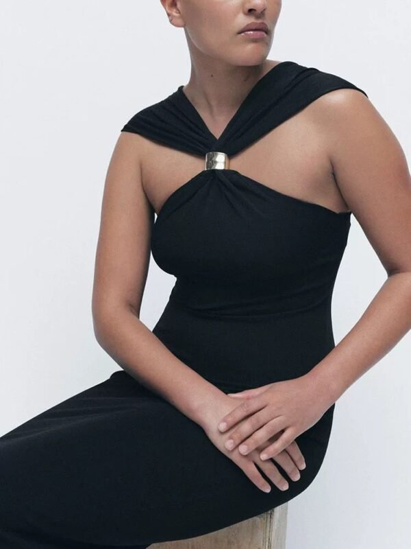 Halterneck Knit Dress With Gold Appliqué Black/White - Image 2