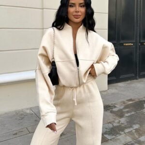 Vintage Oneck Zipper Bomber White Cropped Jacket And Pants