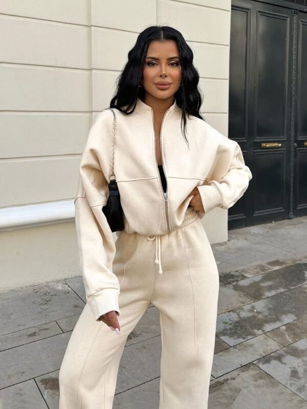 Vintage Oneck Zipper Bomber White Cropped Jacket And Pants