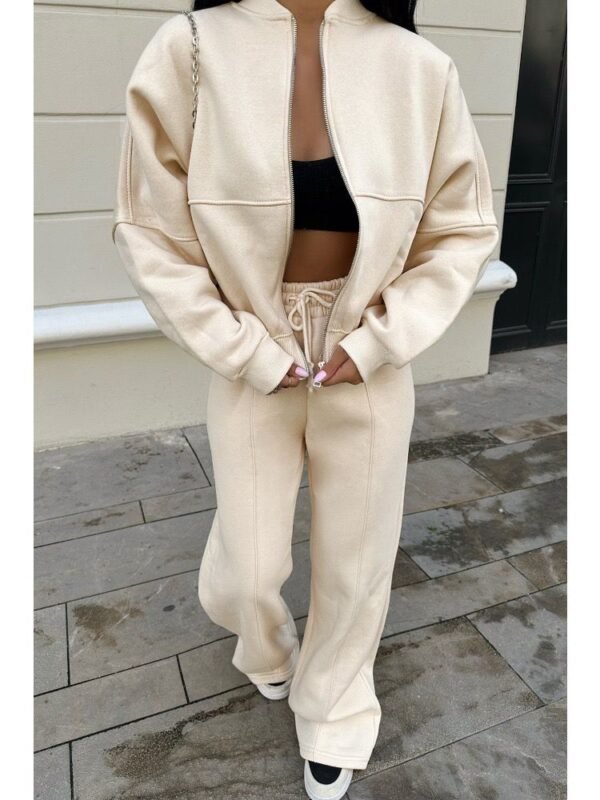 Vintage Oneck Zipper Bomber White Cropped Jacket And Pants - Image 3