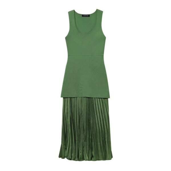 PLEATED KNIT COMBINATION DRESS - Green - Image 2