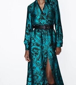 Zara Woman Belted Printed Midi Satin Dress